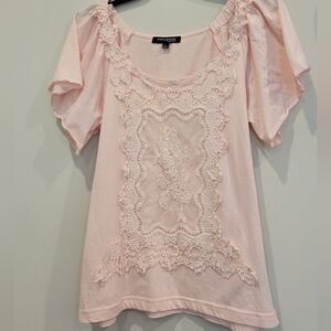 Ava & Grace Boho Embroidered Lace Shirt Pink Cap Sleeves Pretty In Pink Petite L